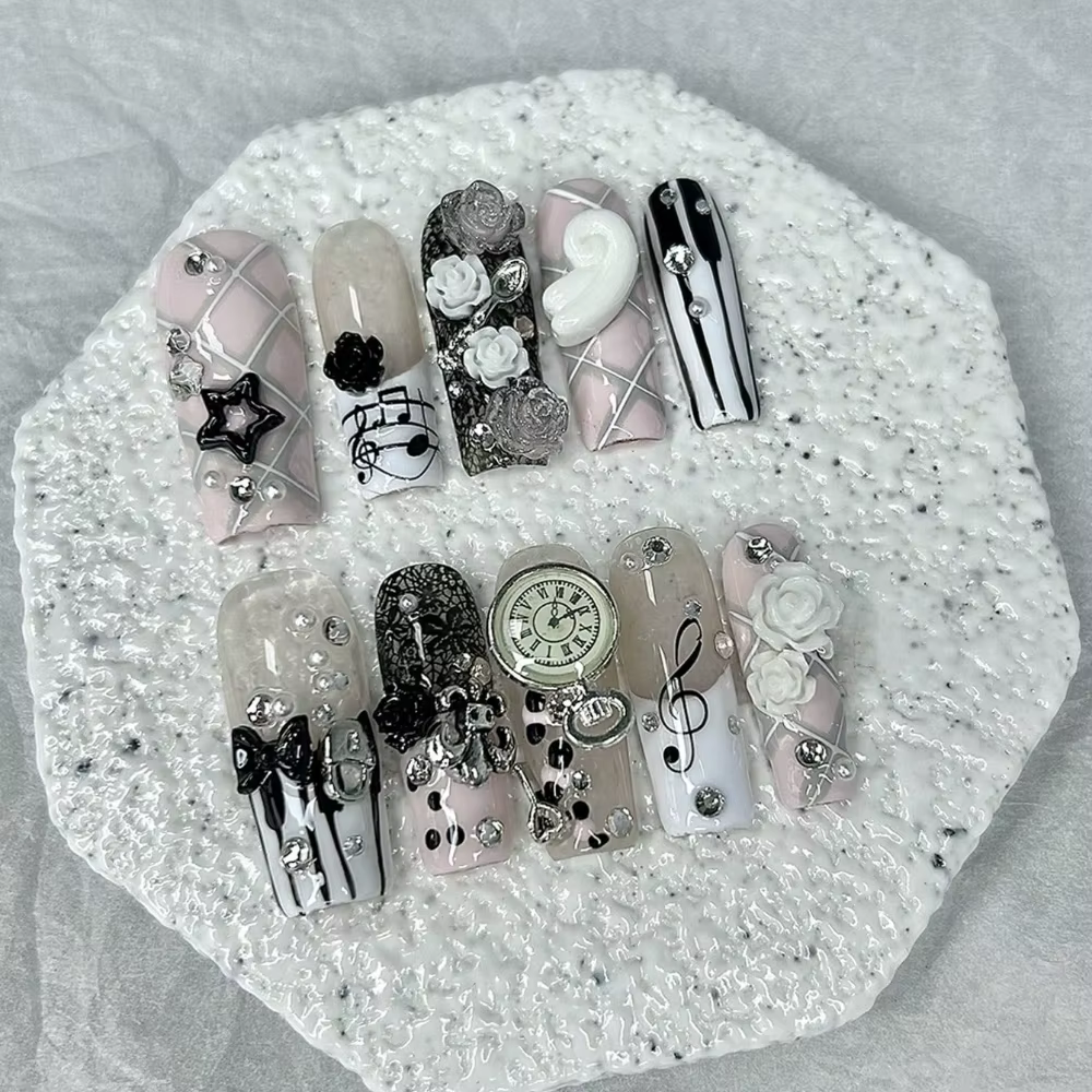 Notes musicales rétro Vintage mignon rose français à la main presse sur les ongles 3D