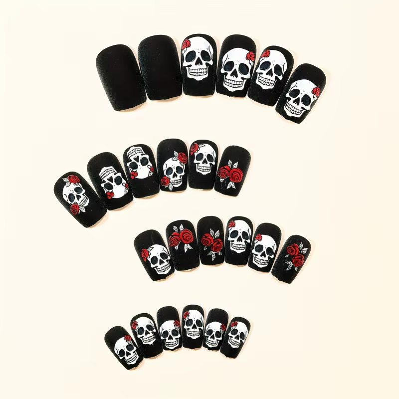 24 pièces ongles d'Halloween noir mat rose crâne imprimé conception couverture complète presse faux