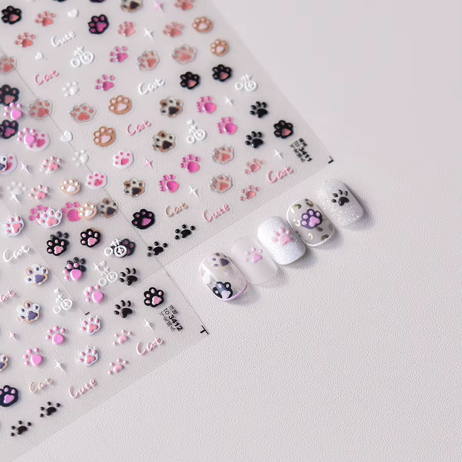 Autocollants pour ongles chat mignon gelée rose patte