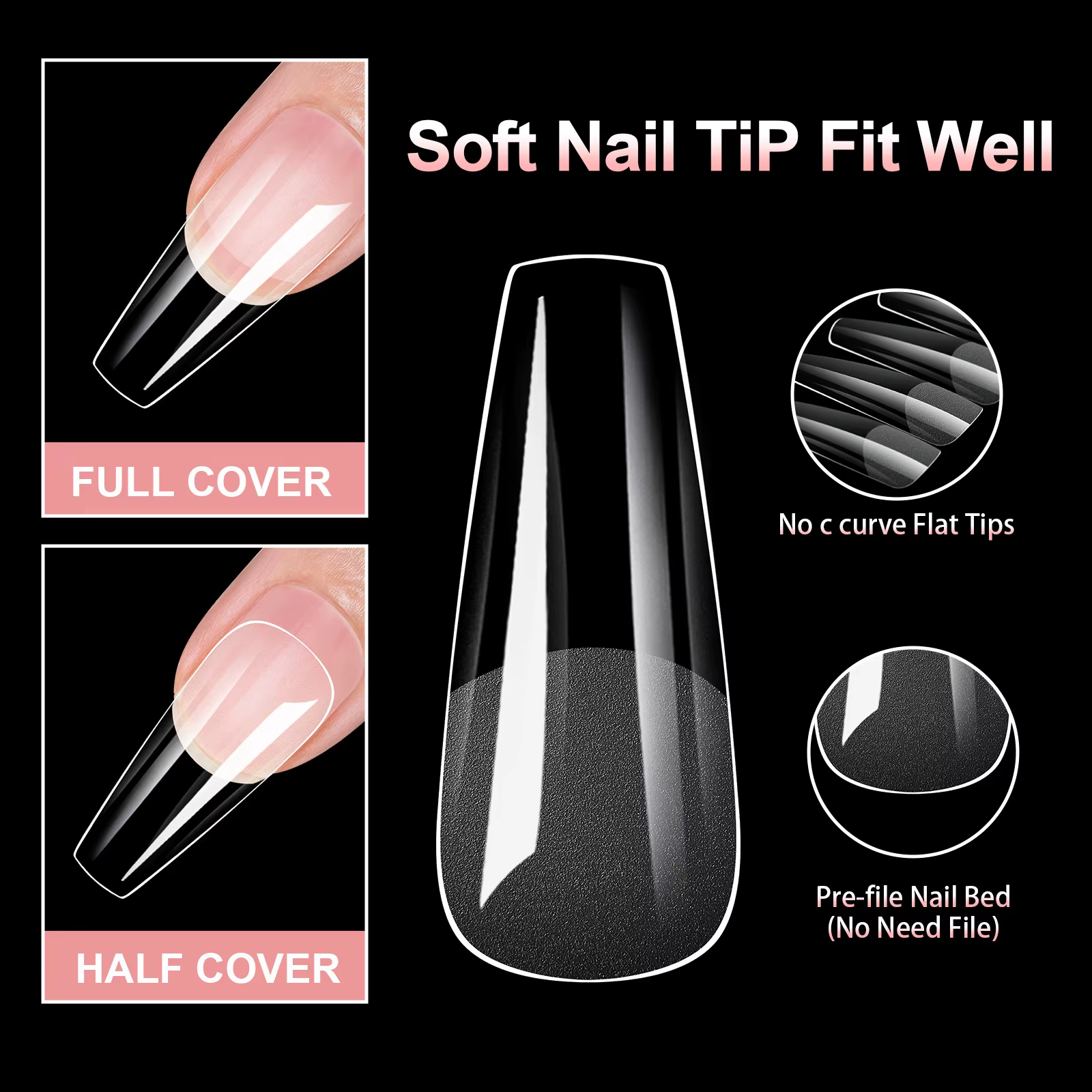 100 pièces cercueil d'amande Gel souple ongles conseils demi-givré couverture complète presse