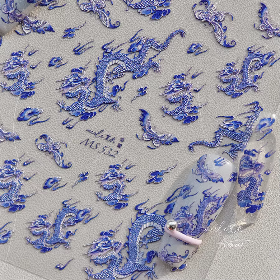 Autocollant pour ongles Dragon en porcelaine bleue et blanche