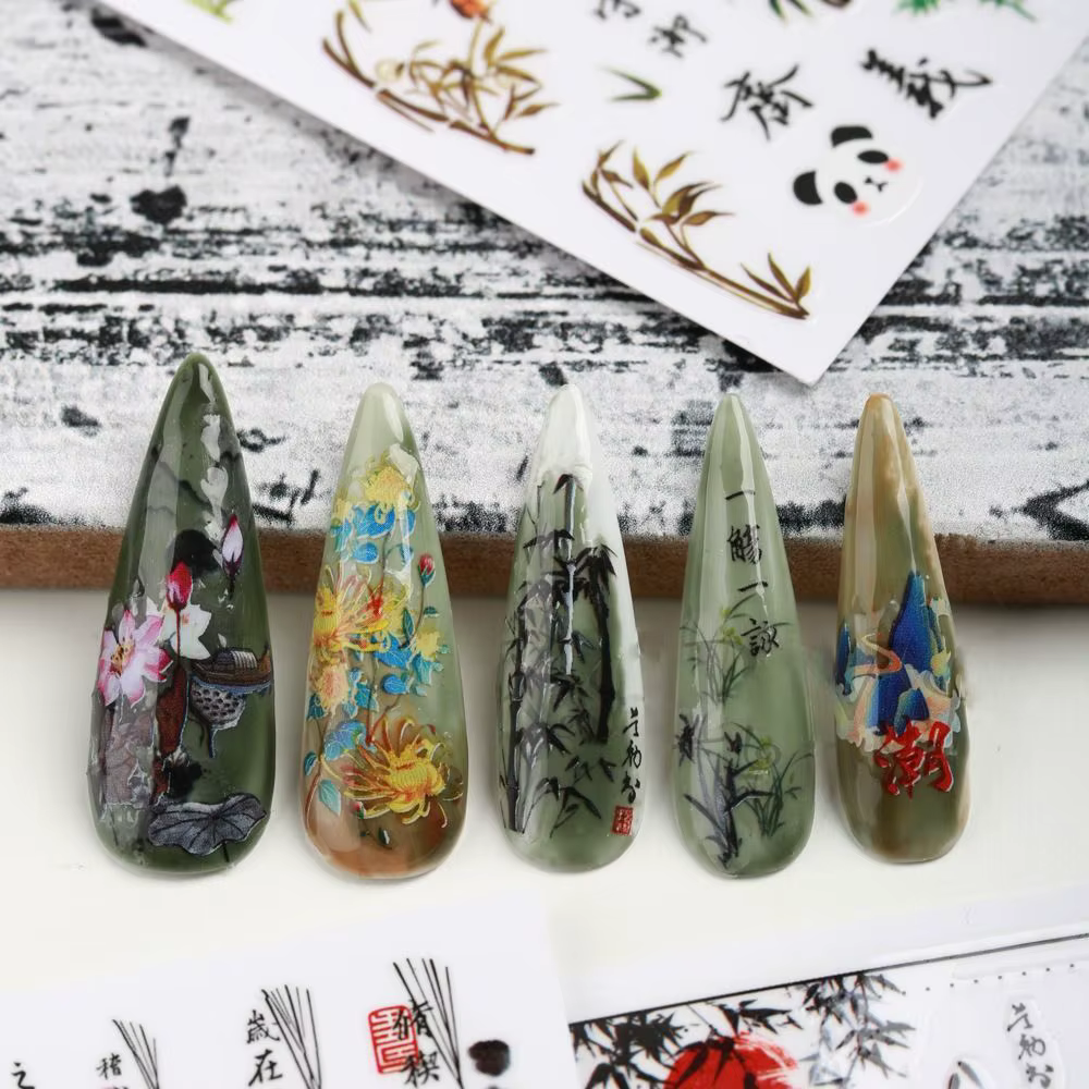 Calligraphie poésie ancienne Styles chinois feuilles de bambou décalcomanies pour ongles autocollants pour Nail Art