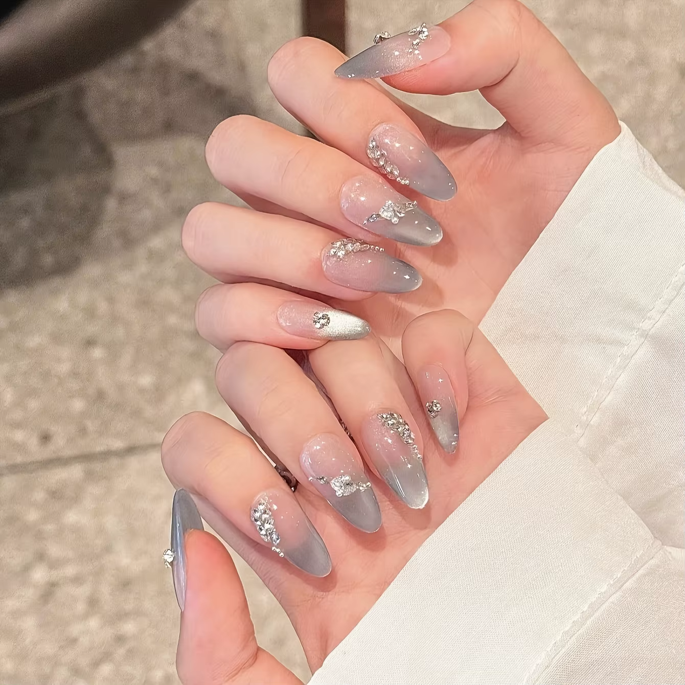 10 pièces haut de gamme lumière luxe argent oeil de chat diamants français faux ongles faits à la main
