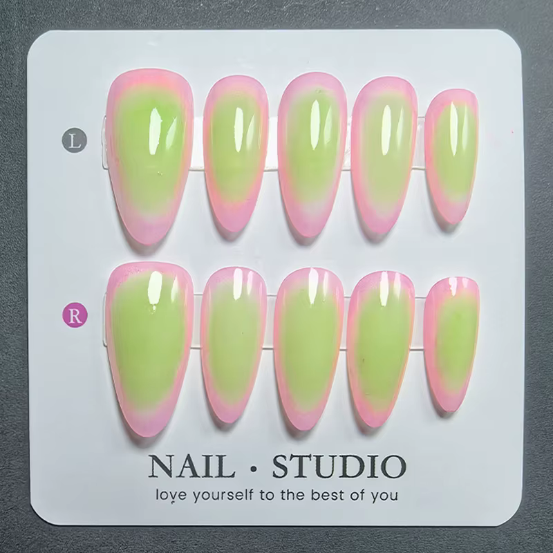 10 faux ongles en amande faits à la main, dégradé rose guava, en acrylique, brillants, pour manucure en gel, pour femmes