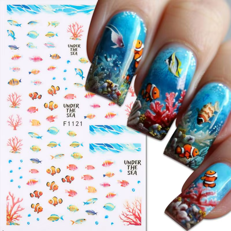 1 feuille holographique méduse dauphin Nail Art autocollants 3D sirène océan coquille ongles décalcomanies adhésif