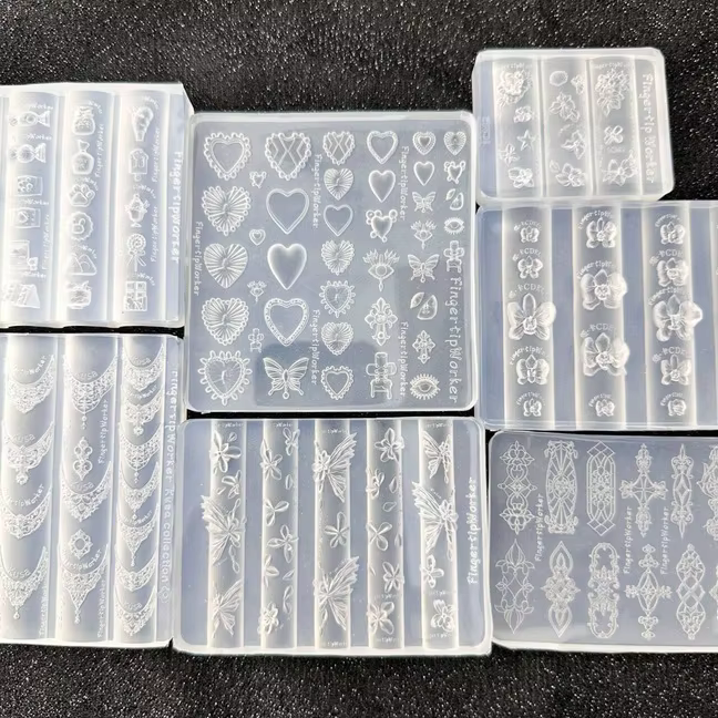 Moule à ongles en acrylique 3D transparent, motif Cœur Baroque, Collier Français, Papillon, Fleur, pour décoration d'ongles DIY et manucure