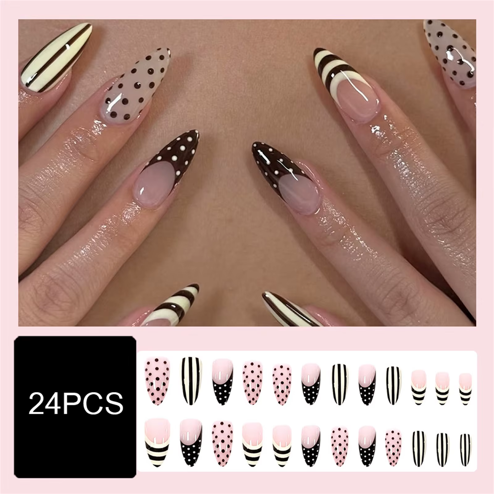 24 faux ongles français INS avec motif à pois noirs et rayures jaunes