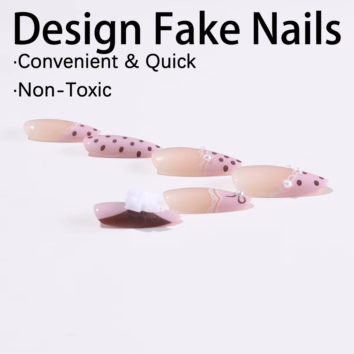 24 faux ongles mignons en dentelle à nœud