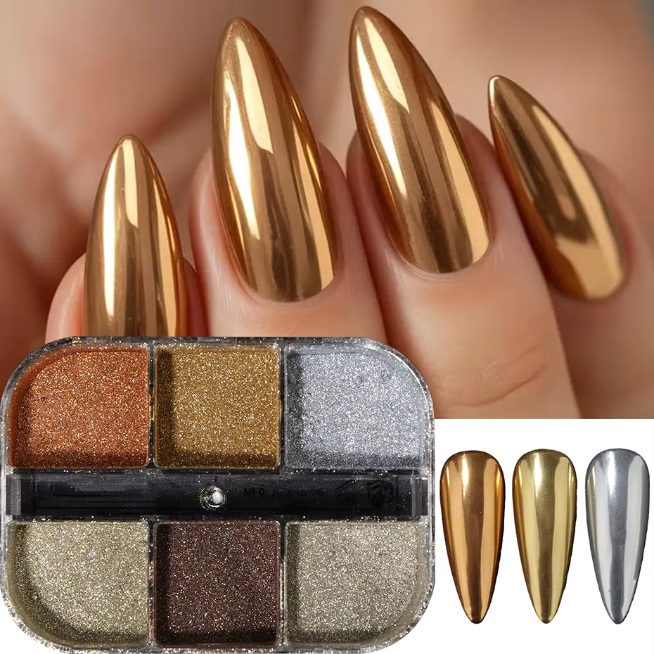 Poudre à ongles chromée or 6 couleurs