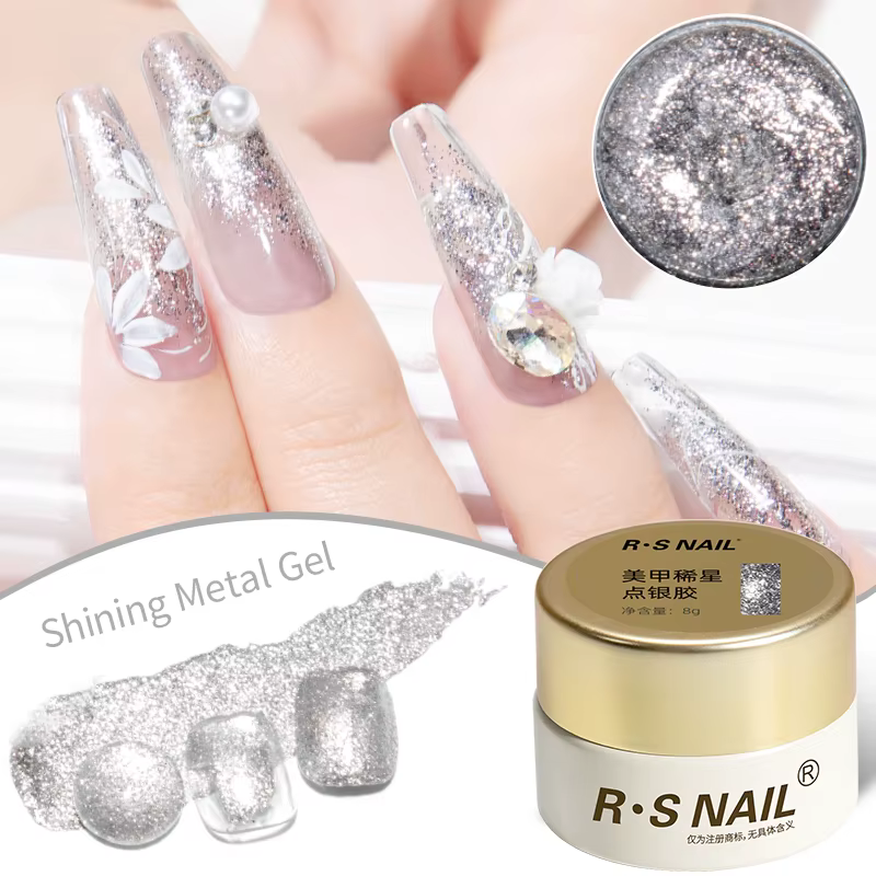 RS NAIL 8g Gel de peinture scintillant sans lingette Gel platine paillettes métallique doré argenté revêtement Gel