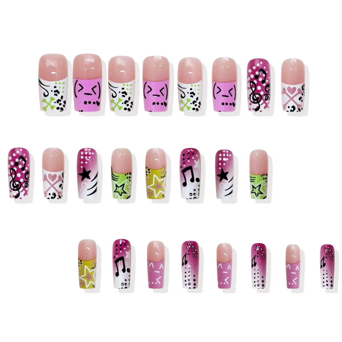 24 pièces Y2K fille style faux ongles Note musicale motif étoile longue cercueil