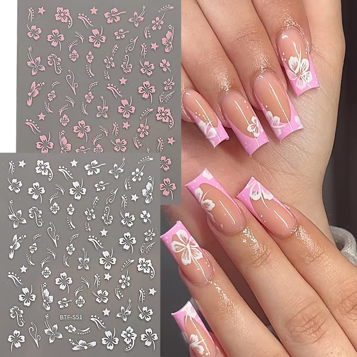 Autocollant pour ongles motif fleur d'hibiscus rose et blanc