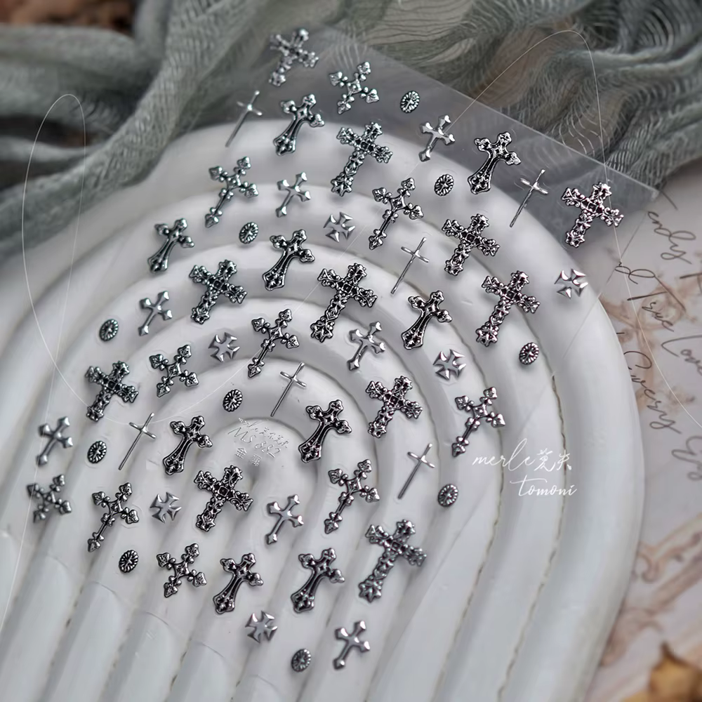 Autocollant d'ongle de croix d'argent rétro pour manucure breloques à assembler soi-même
