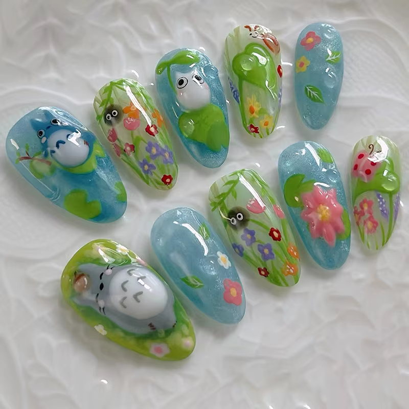 24 pièces frais vert amande faux ongles avec colle dessin animé modèles français mignon fleur presse