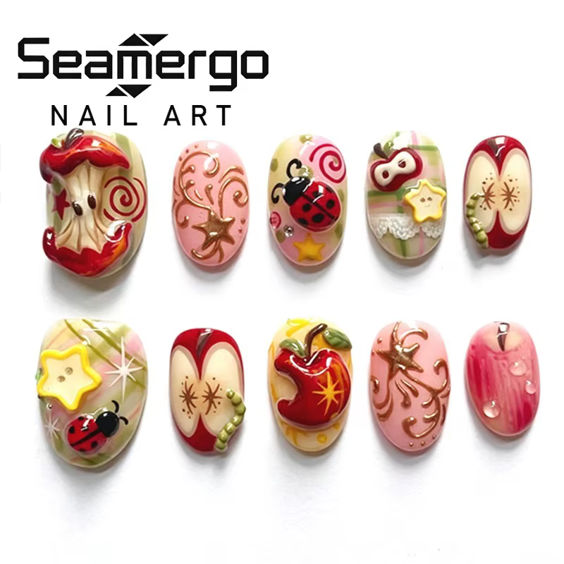 24 faux ongles courts ovales rouges et roses avec motifs 3D pomme