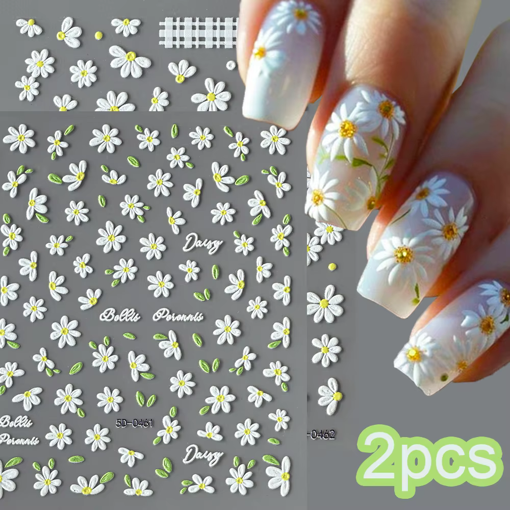 2 pièces 5D blanc marguerite Design Nail Art autocollants en relief