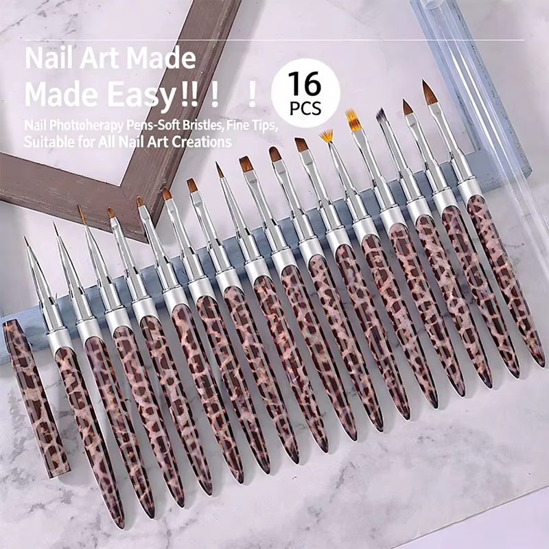 Lot de 16 pinceaux à ongles imprimé léopard