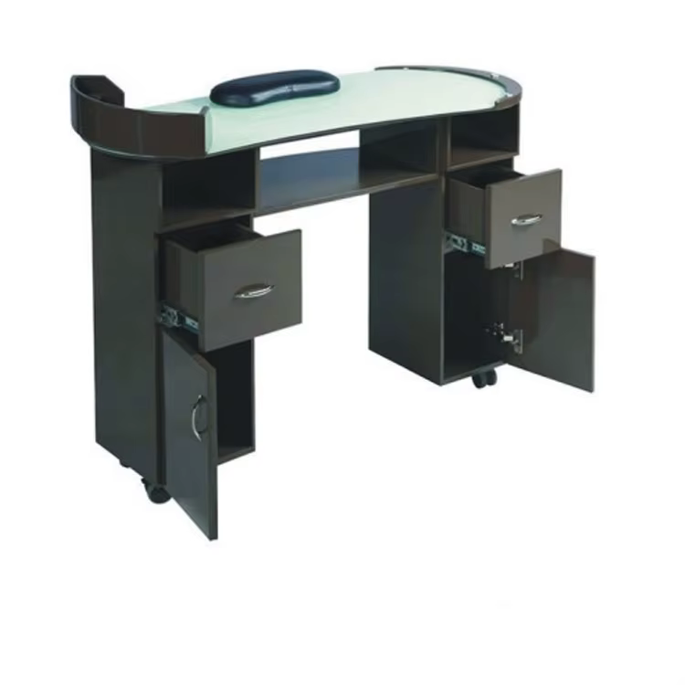 Table de manucure de style français avec plateau en verre, station à ongles portable blanche, mobilier de salon de beauté spécial en cuir PU pour spa