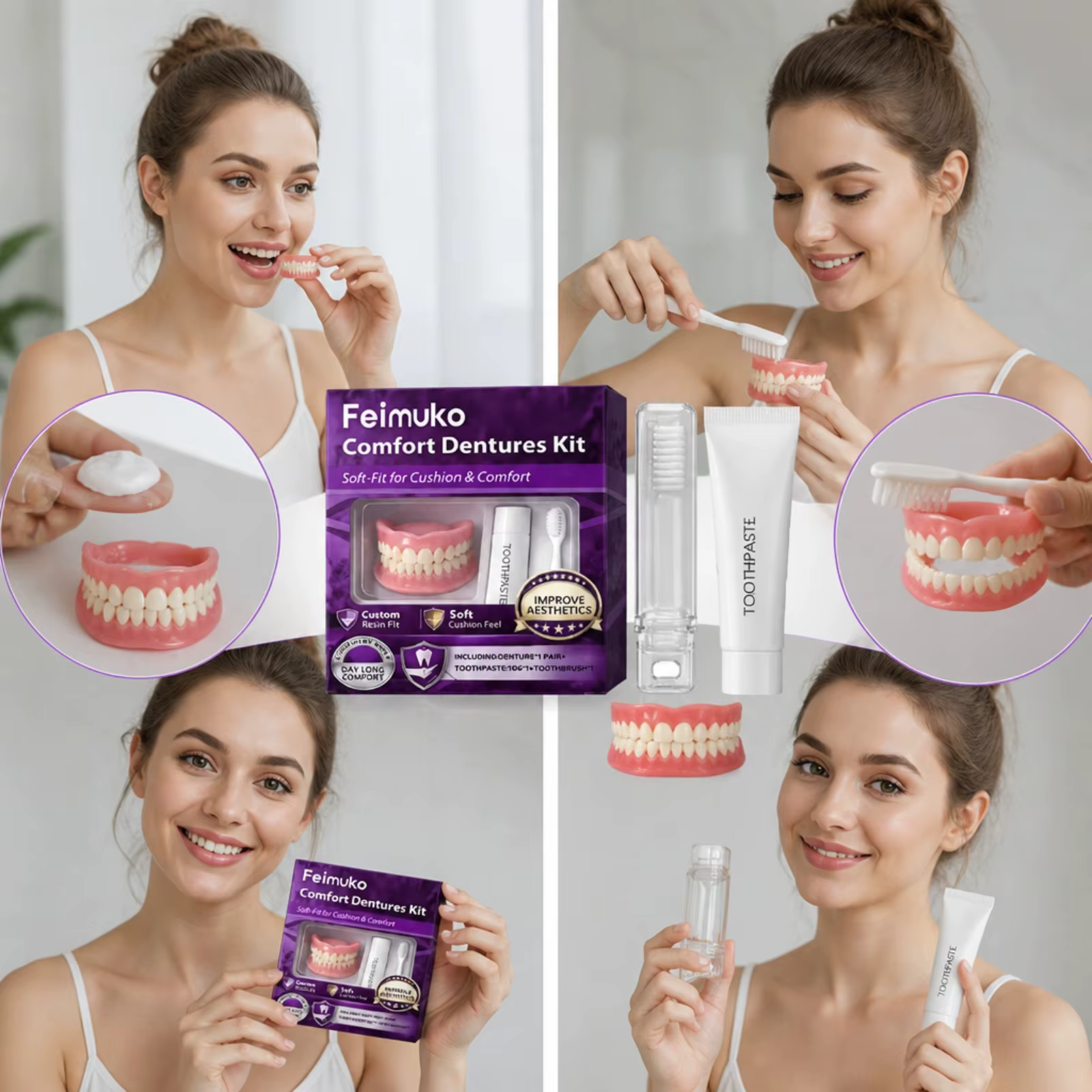 Kit de prothèses dentaires confortables, couvre-dents en résine souple, embellissement du sourire, avec dentifrice, brosse à dents, ensemble de soins quotidiens
