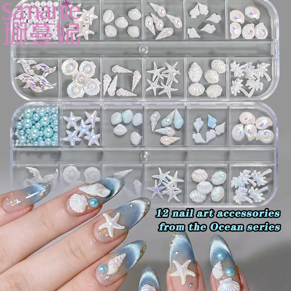 12 compartiments de décorations pour nail art style océan estival