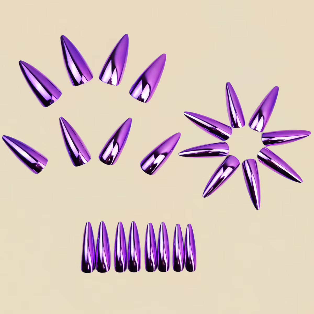 24 pièces/ensemble faux ongles plaqués holographiques pour femmes filles longue goutte d'eau violet aurore brillant