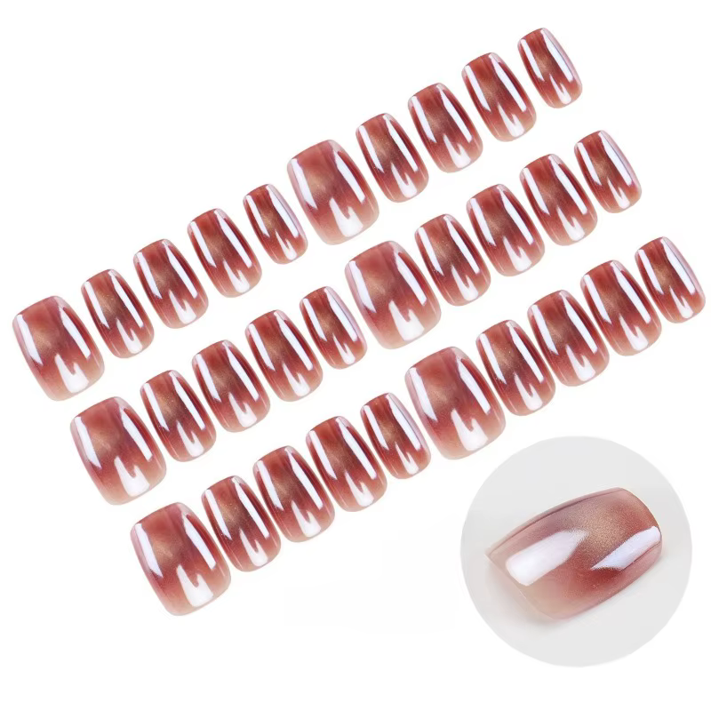 24 faux ongles courts marron œil de chat avec breloques pour filles