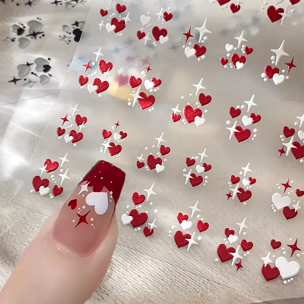 3D saint valentin amour coeur Nail Art autocollant rouge blanc croix étoiles auto-adhésif ongles décalcomanies 8*10 cm