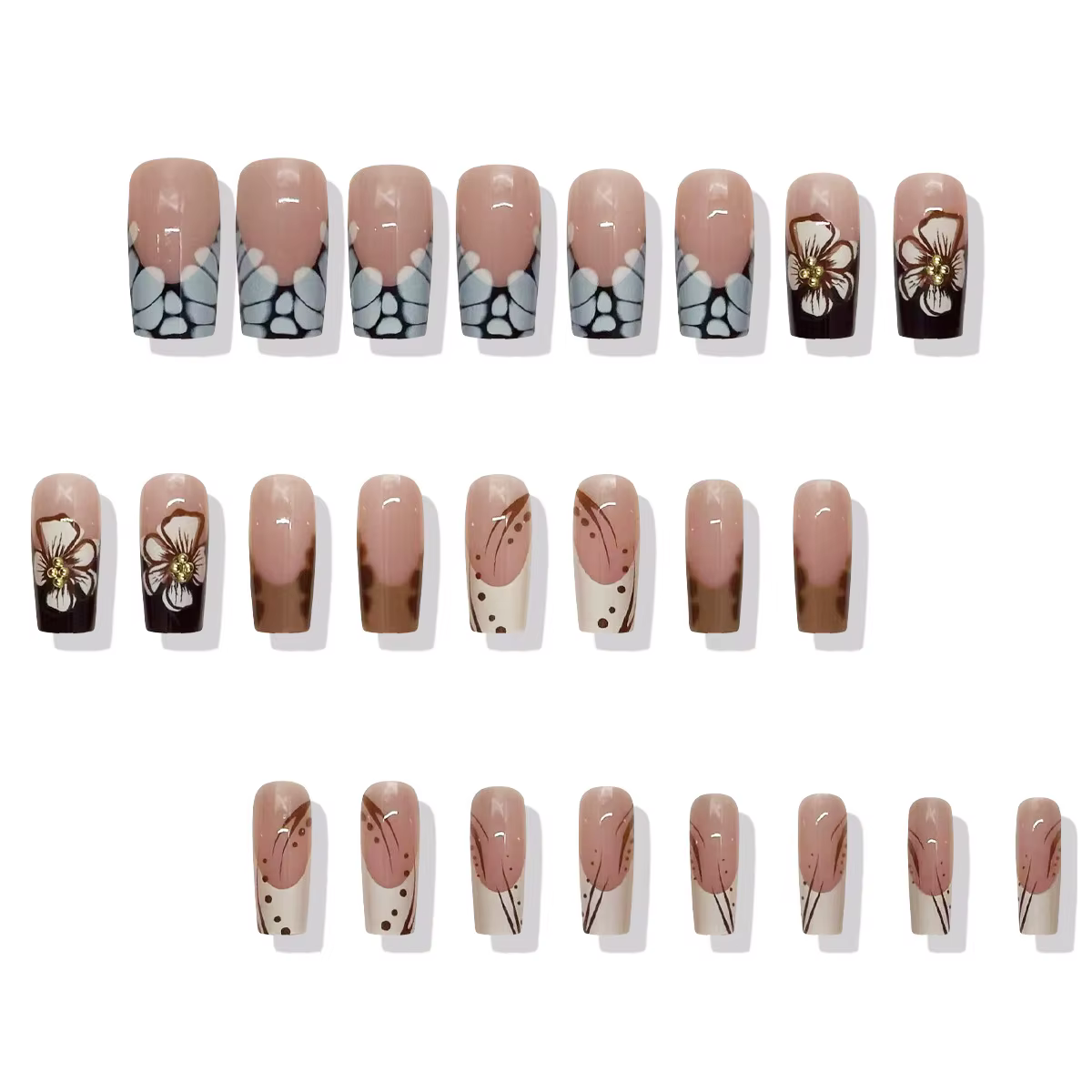 Faux ongles à pression marron carrés moyens avec motifs bâton de fleurs