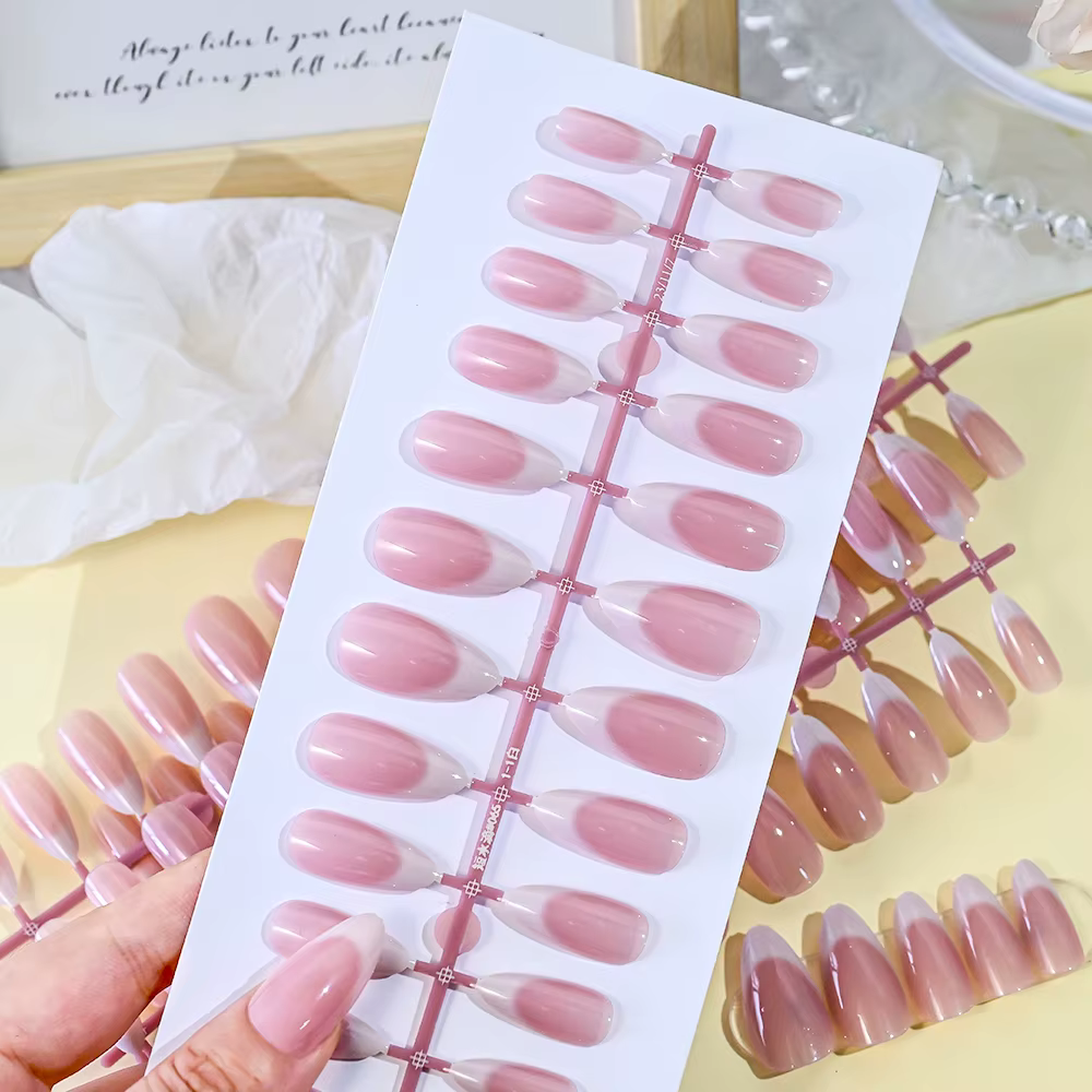 120 pièces rose moyen amande français faux ongles dégradé Design blanc