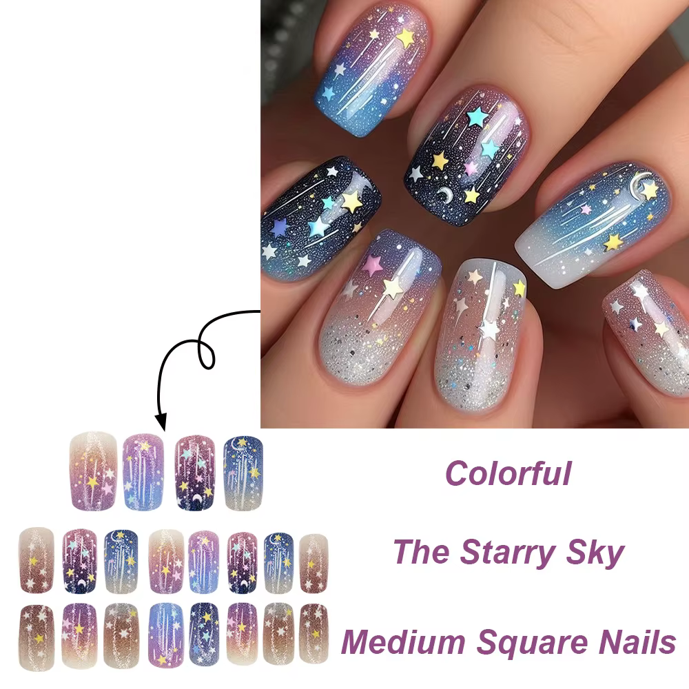 24 pièces faux ongles avec ciel étoilé coloré carré presse