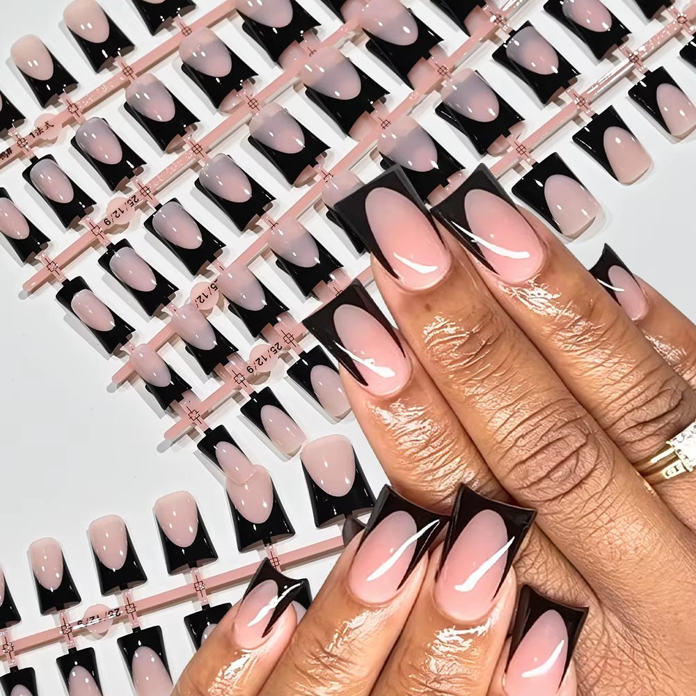 120 faux ongles en gel souple à presser, forme bec de canard, courts et carrés, noirs, rose nude, brillants, prêts à poser