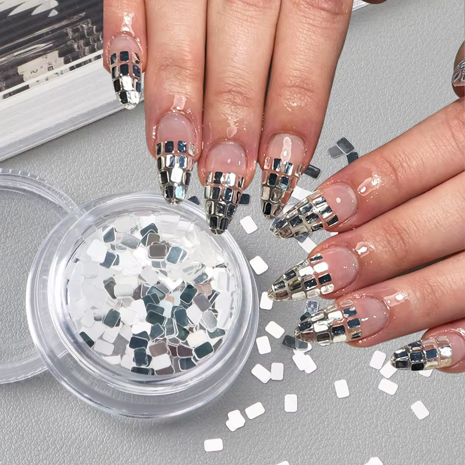 1 bouteille de paillettes holographiques carrées argentées pour nail art