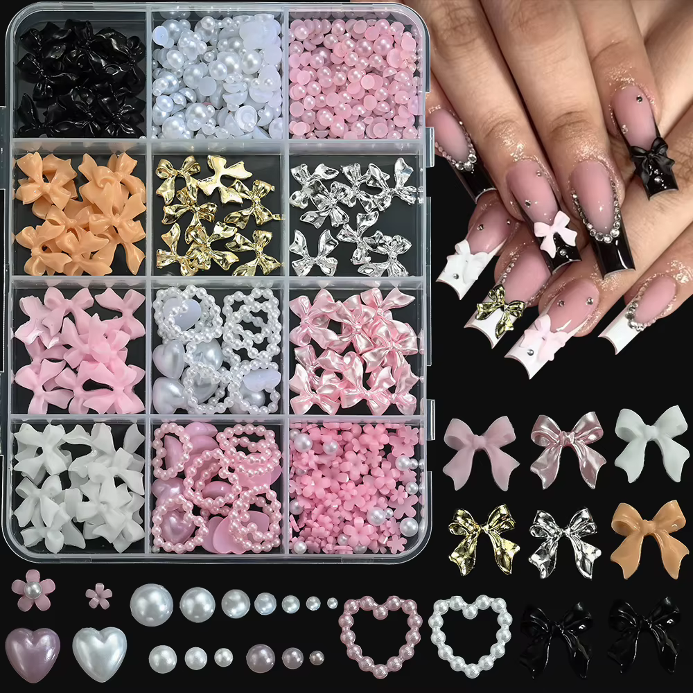 12 grilles 3D ruban multicolore fleur Nail Art breloques simulés pétales amour