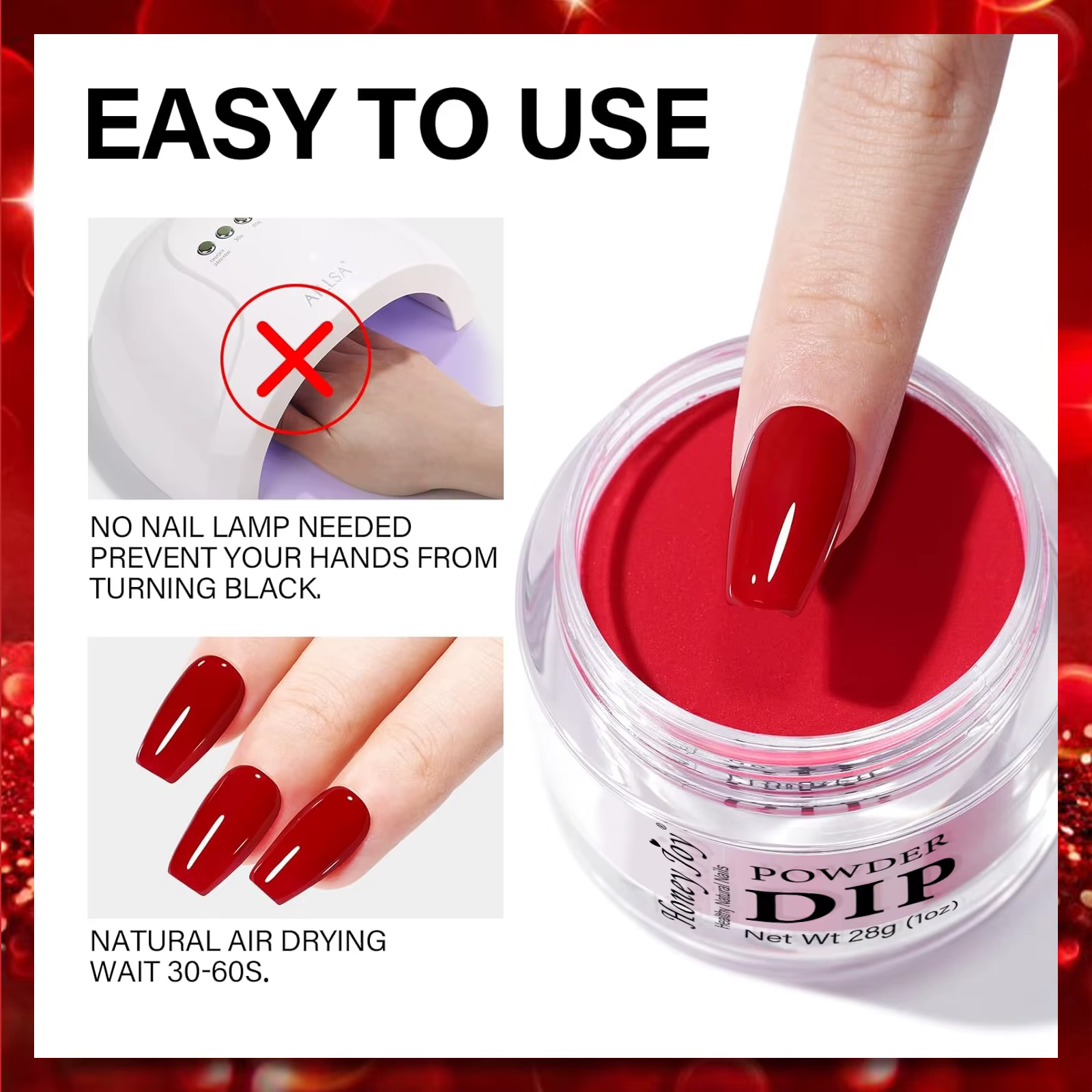 28 g/pot couleurs très fines pour la saint-valentin système de poudre de trempage à paillettes rouges