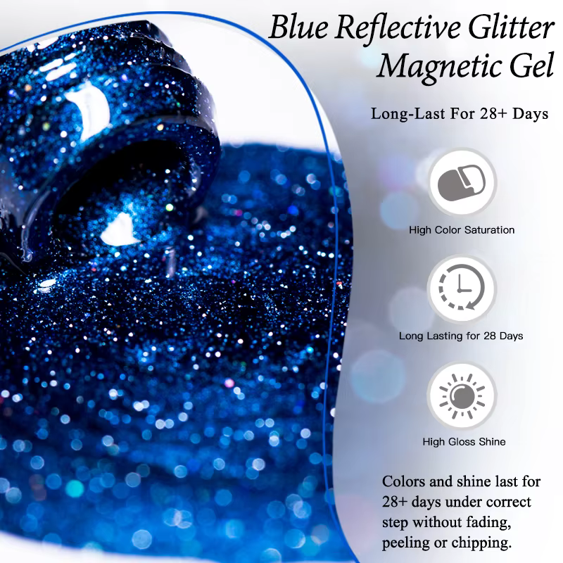 Vernis Gel Magnétique Réfléchissant Bleu Pailleté 7ml Effet Ciel Étoilé Ultra Scintillant Semi-Permanent Soak Off UV Fournitures pour Ongles