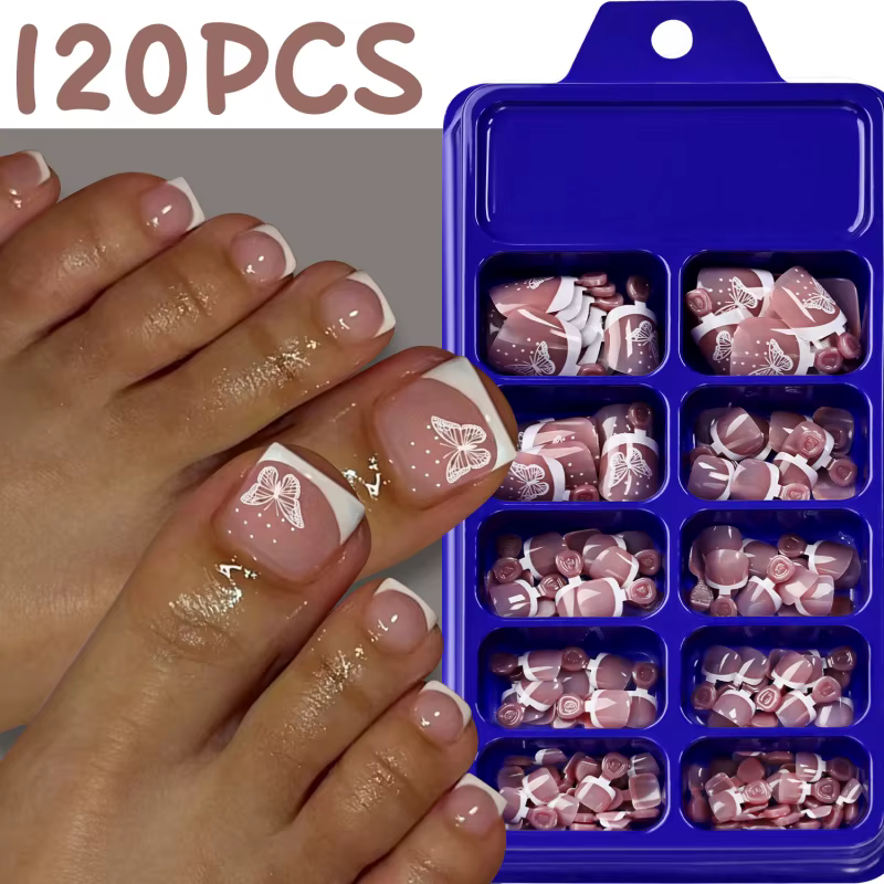 120 faux ongles de pieds carrés courts brillants style français papillon