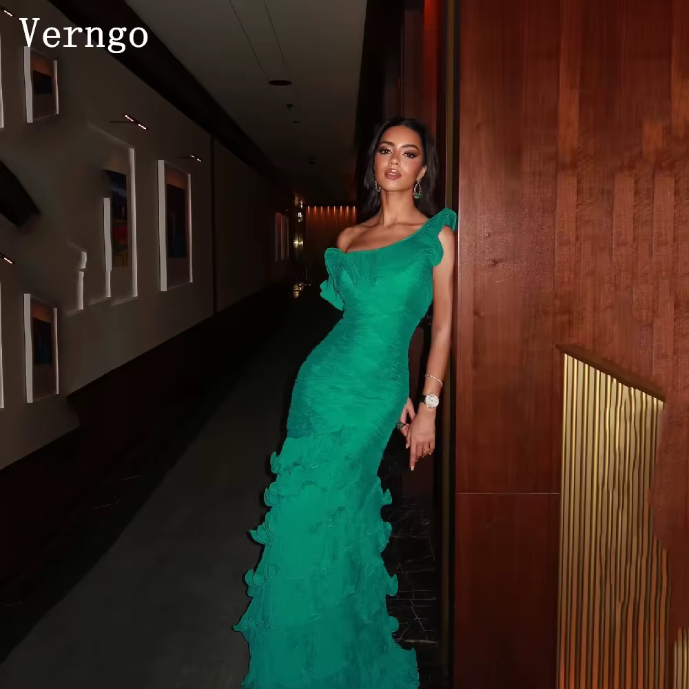 Robe de soirée élégante en mousseline verte Verngo, asymétrique, coupe sirène, à volants, en soie plissée, pour invitées de mariage, personnalisable