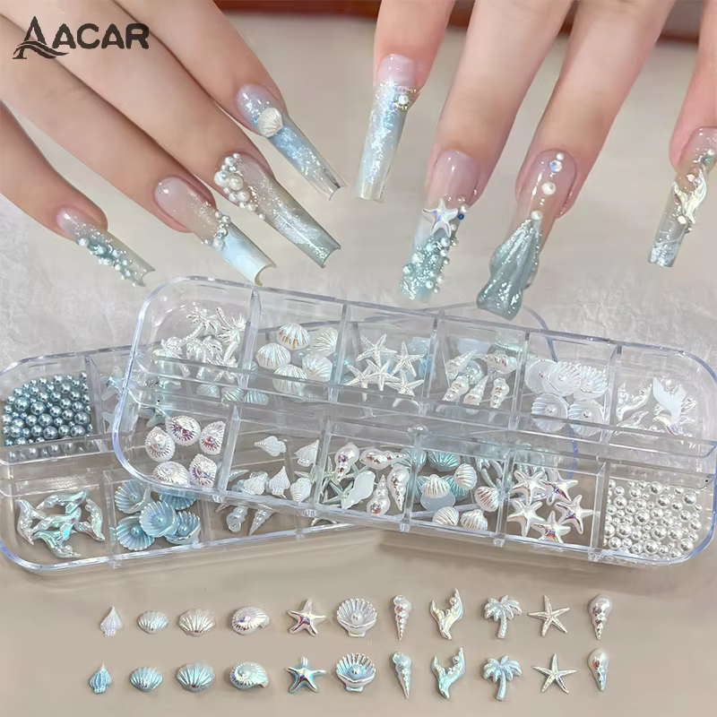 12 grilles/boîte bleu blanc breloque pour ongles coquille étoile de mer queue de sirène 3d accessoires de Nail Art pour un Look de manucure rêve et océanique