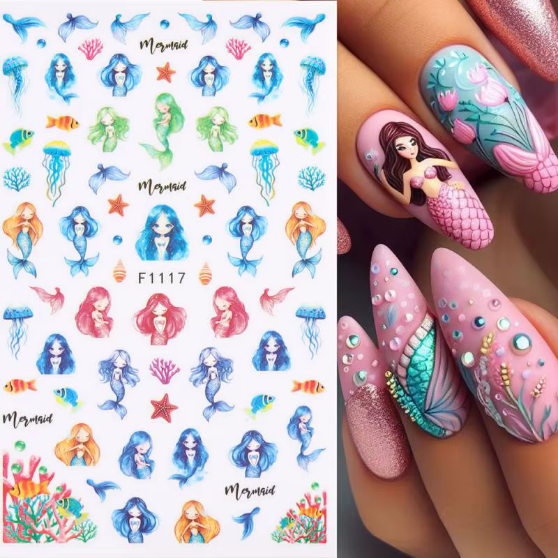 1 feuille holographique méduse dauphin Nail Art autocollants 3D sirène océan coquille ongles décalcomanies adhésif