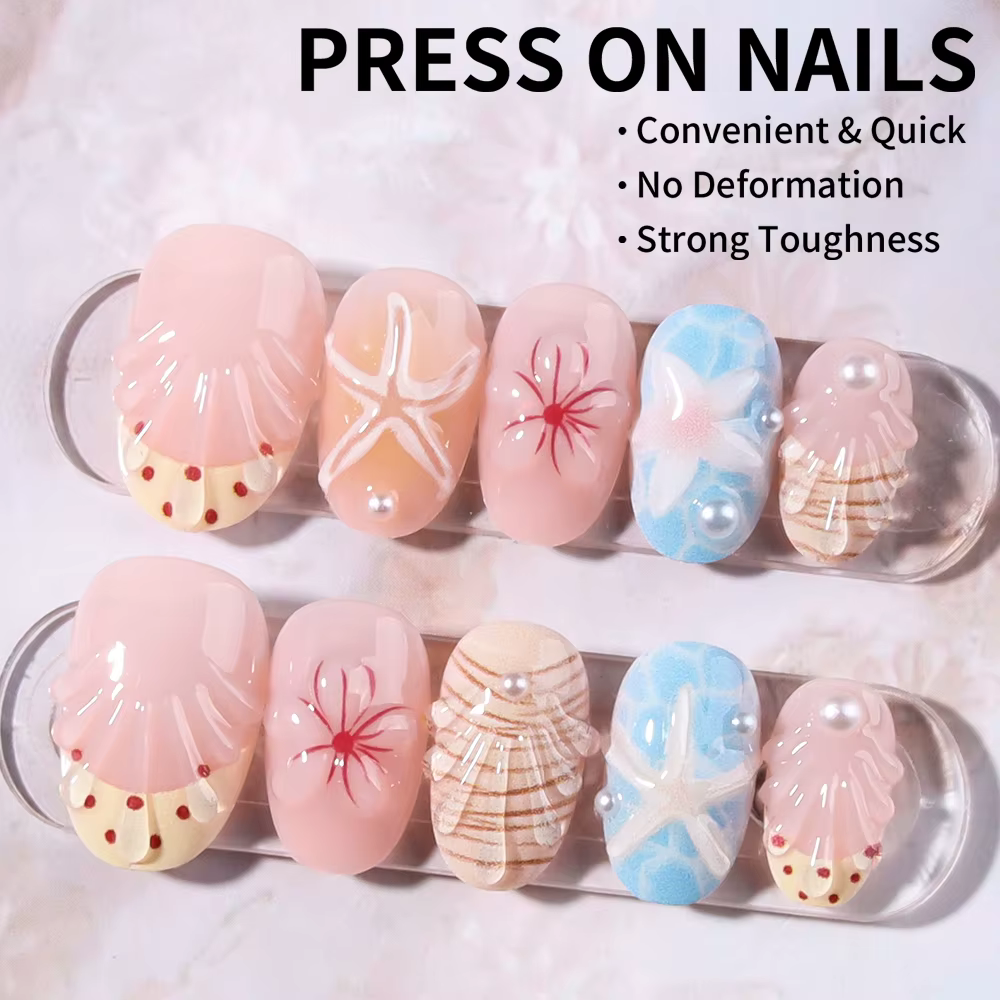 24 pièces par ensemble. Ongles courts ovales en gel 3D à motif floral étoilé et à pois