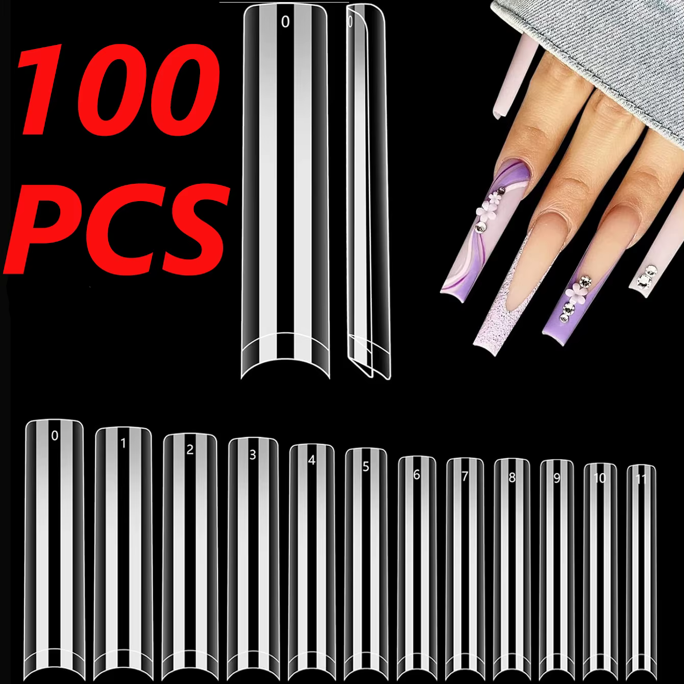 ARTAUG 120 pièces pointes d'ongles de cercueil longs et transparents