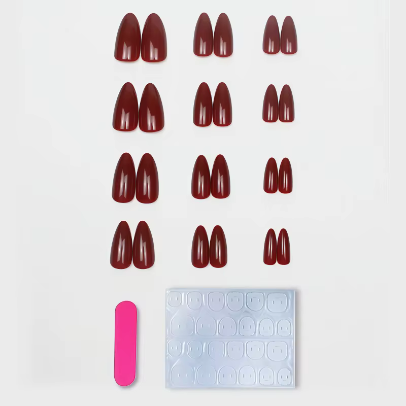 24 faux ongles de couleur unie rouge vin