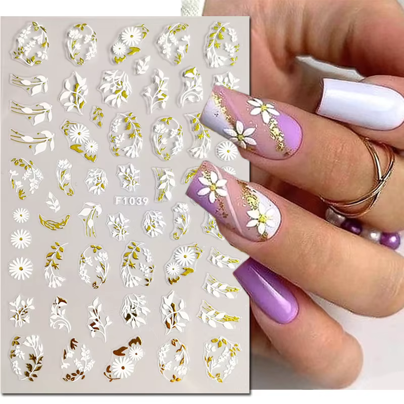 3d Nail Art lignes dorées feuilles d'or fleurs blanches adhésif curseurs ongles autocollants accessoires pour décorations conseils beauté