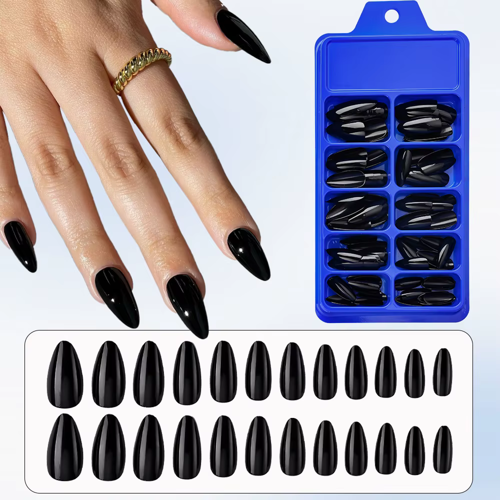 100 pièces presse à la main sur les ongles noir français amande couleur unie mi-longue artificielle faux