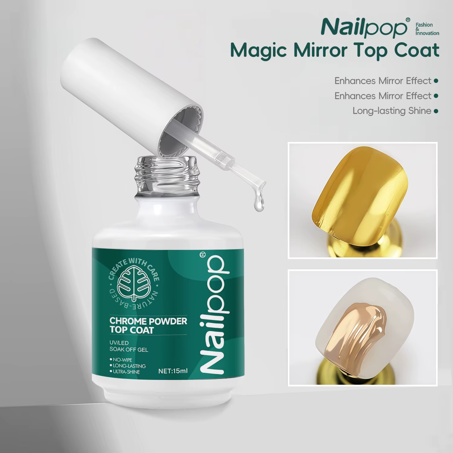 Nailpop Magic Mirror Top Coat améliore l'effet miroir. Ce lien comprend