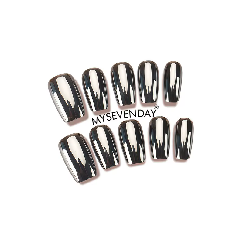 24 faux ongles métalliques argentés et noirs