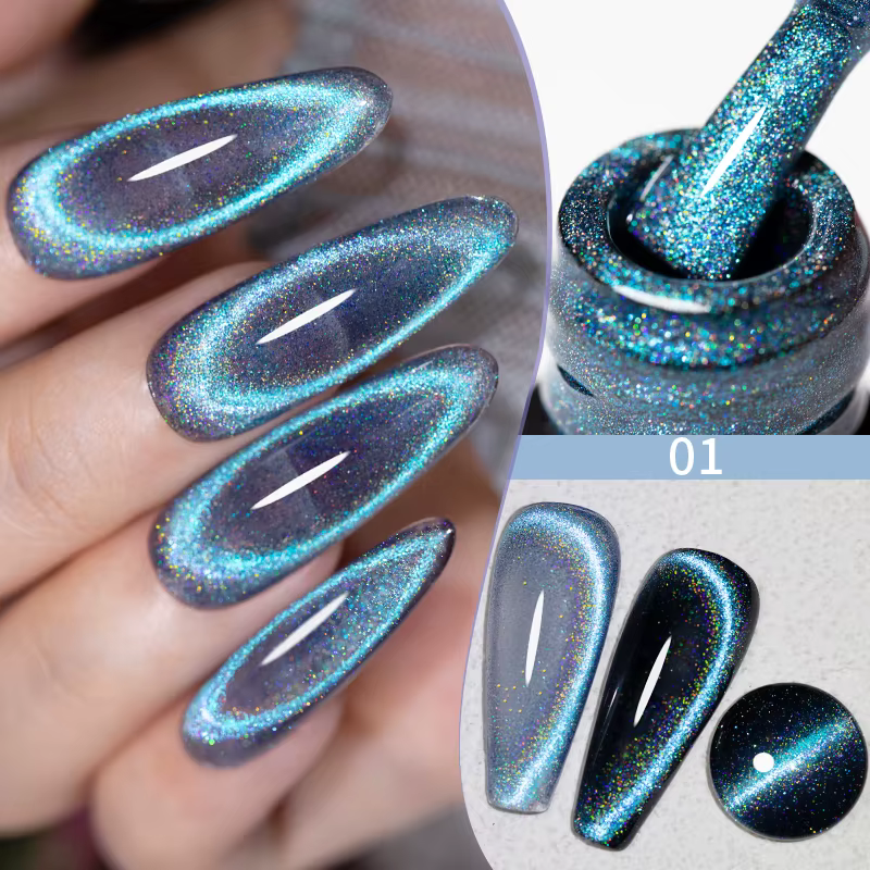 Vernis à ongles gel magnétique œil de chat holographique bleu arc-en-ciel 7