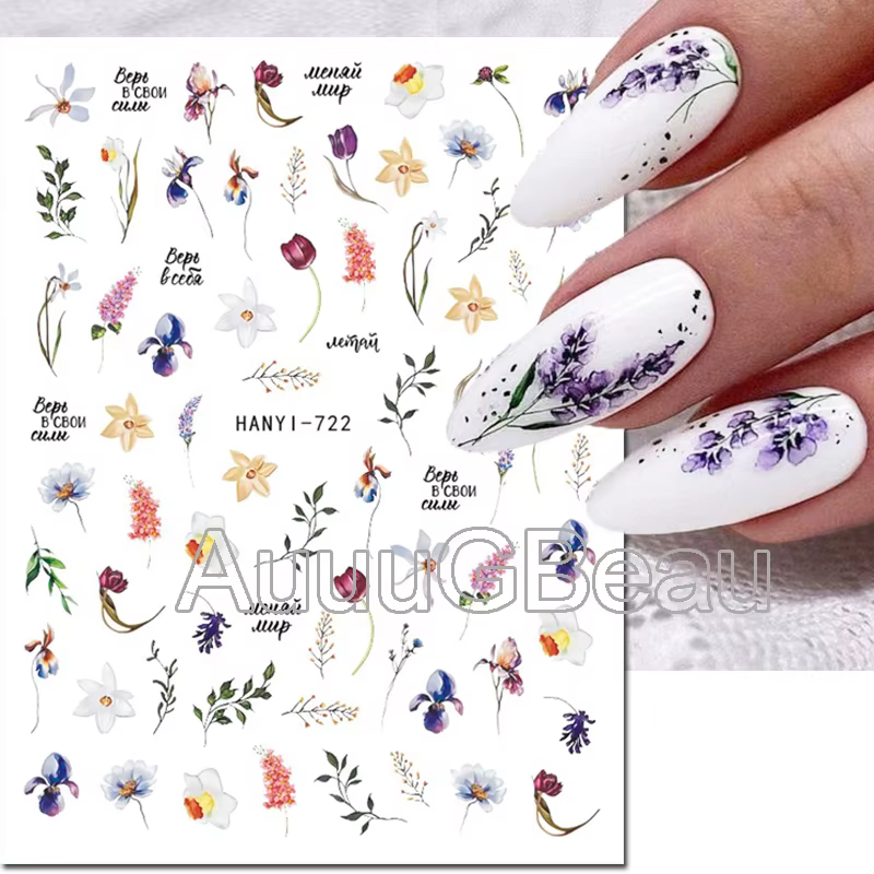 3d Nail Art décalcomanies été demande fleurs jaune bleu rose