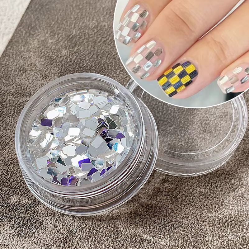 1 pot de paillettes carrées argentées pour ongles