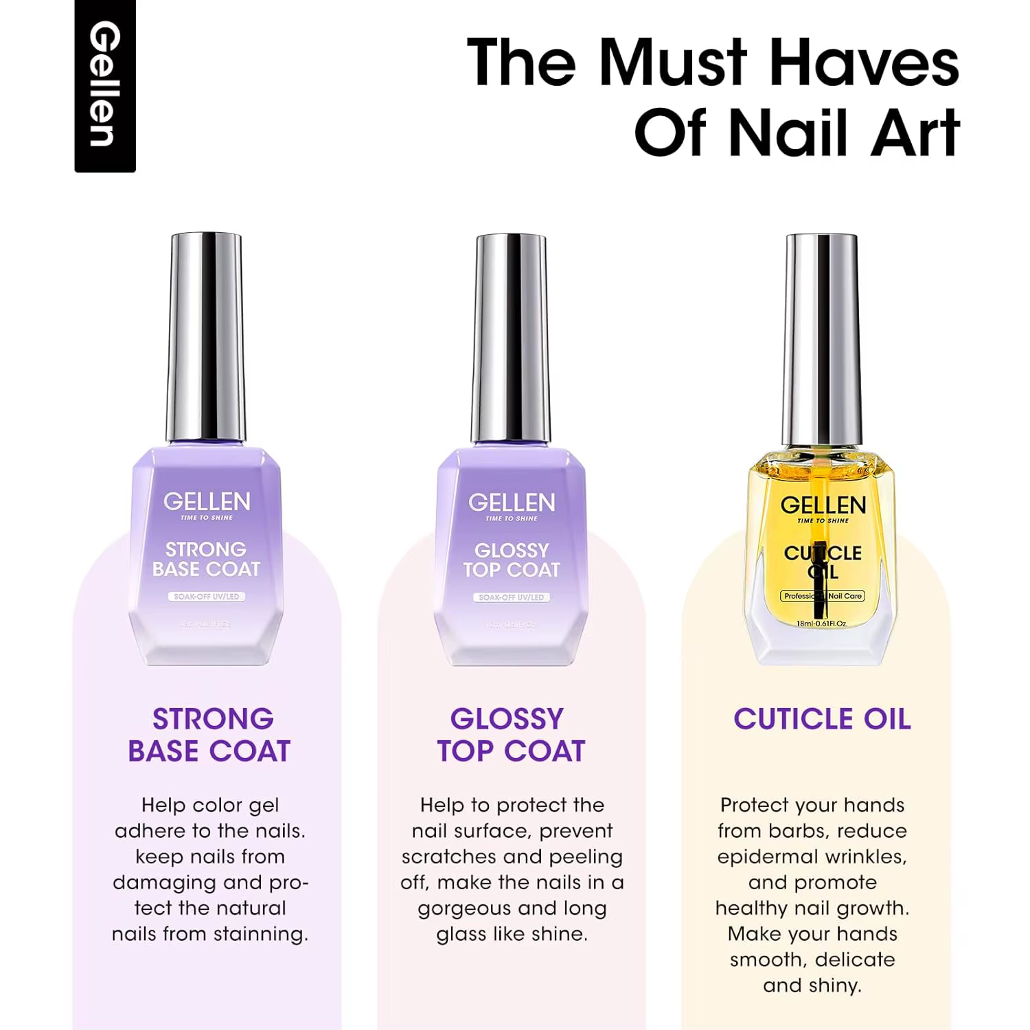 GELLEN 18ml Huile pour cuticules Gel Vernis à ongles Kit Base Top Coat Finition brillante Longue durée Soak Off Nail Art Manucure Set Femmes Filles